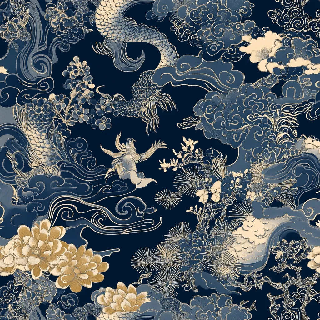 A navy blue textile design features a repeating pattern of stylized dragons and phoenixes amidst swirling clouds and flowering plants.  Gold and silver metallic highlights accentuate the intricate details of the mythical creatures and flora. The design evokes a sense of traditional East Asian art, possibly influenced by Japanese or Chinese aesthetics. The overall effect is both luxurious and serene.