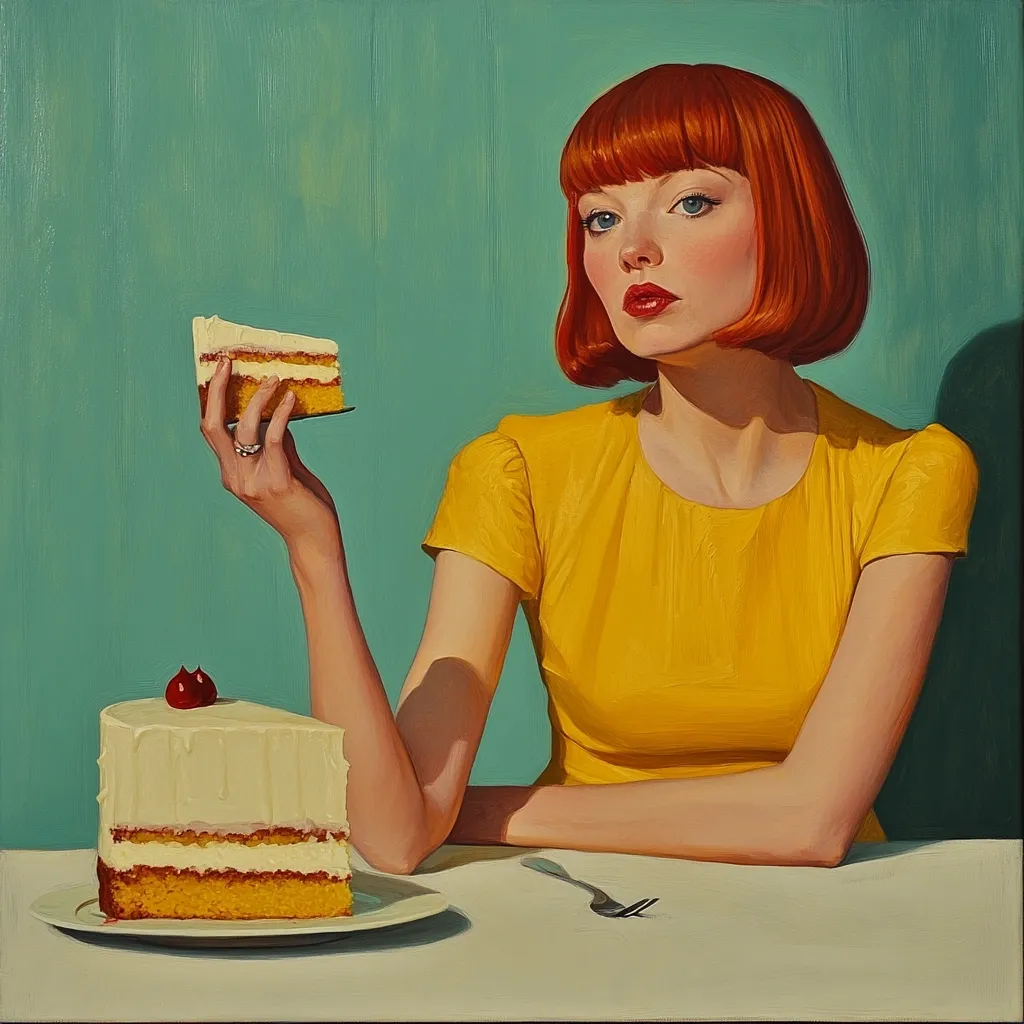 A painting of a woman with vibrant red hair, wearing a sunny yellow dress, sits at a table.  She delicately holds a slice of cake, while a larger piece sits on a plate before her.  The background is a muted teal, creating a striking contrast with the warm tones of the subject and her attire. The overall style is reminiscent of mid-century modern art.