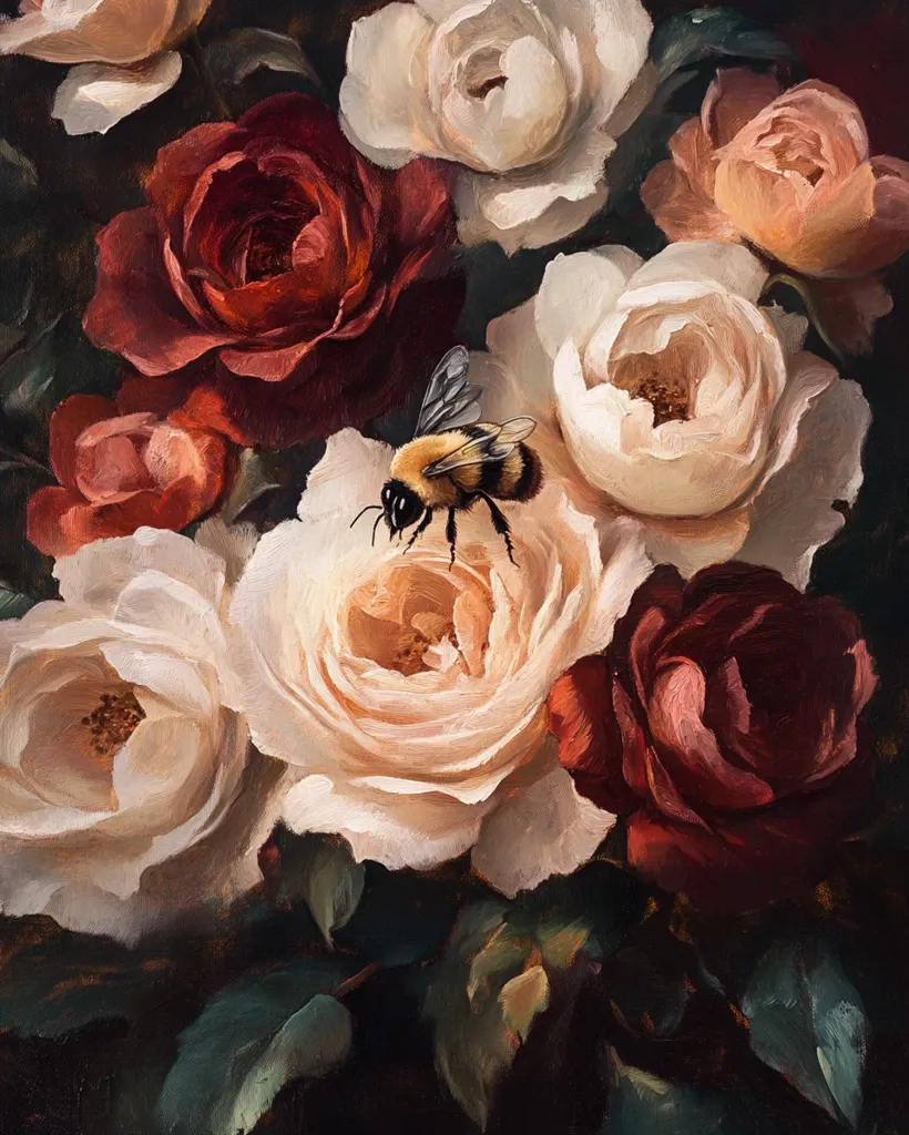 A lush oil painting showcases a vibrant bouquet of roses in varying shades of red, white, and cream.  The roses are densely arranged, creating a rich texture.  A bumblebee rests delicately on the center of a pale peach rose, adding a touch of life and vibrancy to the dark, moody background. The painting's rich colors and detailed brushstrokes evoke a sense of opulence and natural beauty.