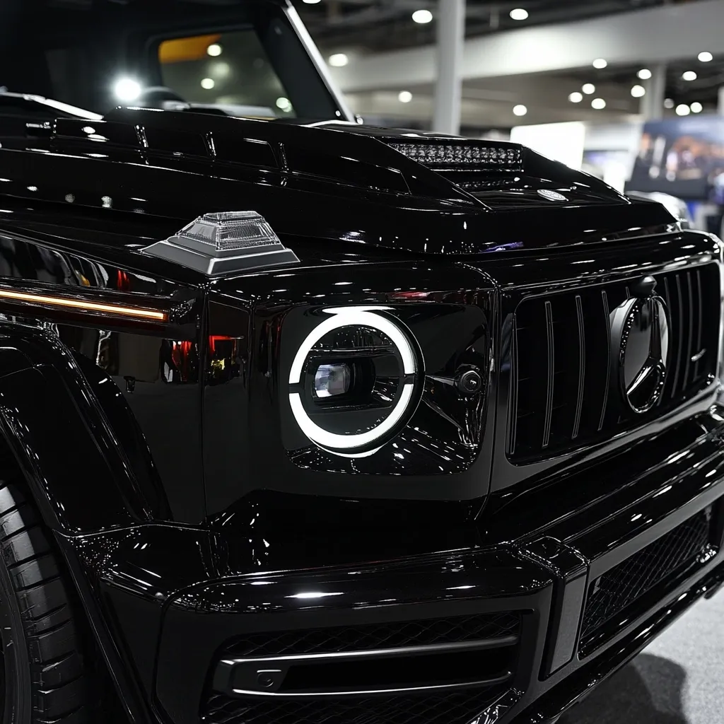 Close-up view of a black Mercedes-Benz G-Class SUV's front end.  The image highlights the vehicle's glossy paint, distinctive circular headlight design with a bright white halo ring, and a prominent grill.  The  details showcase a luxurious and powerful aesthetic.  The background is blurred, suggesting an indoor automotive show setting.