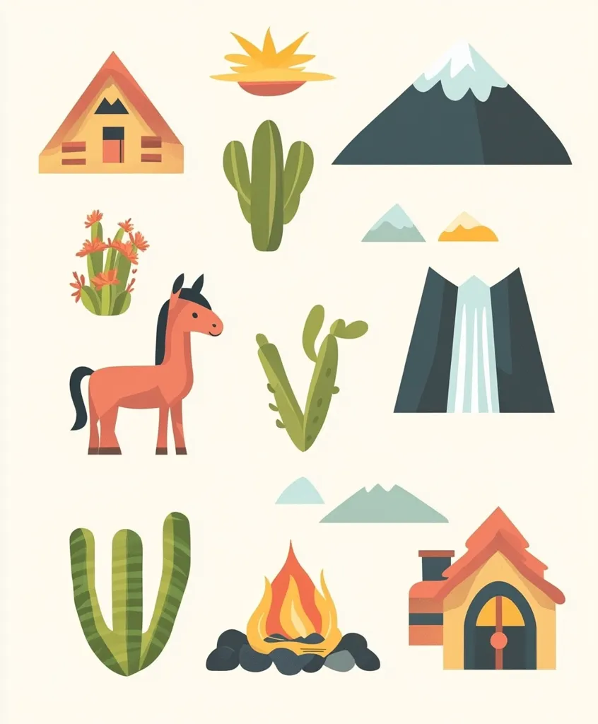 A collection of whimsical desert and mountain illustrations.  Features include cacti of varying shapes, a small house, a larger barn-like structure, a volcano with a waterfall, snow-capped mountains, a campfire, a horse, and blooming desert flowers. The style is simple and colorful, suitable for children's books or educational materials.