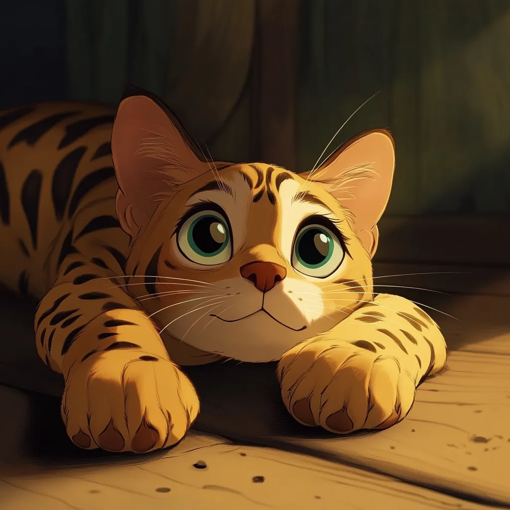 A stylized illustration depicts a Bengal cat lying on a wooden surface, its large, expressive eyes gazing upwards.  The cat's fur is a warm, golden hue with dark brown spots, and its paws are neatly tucked beneath its chest.  The warm lighting suggests a cozy, intimate setting. The overall style is cute and endearing.