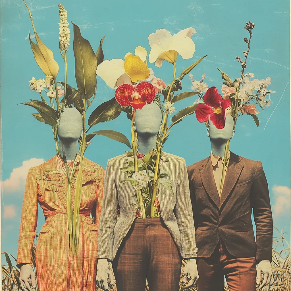 A surreal collage features three mannequin figures, their heads replaced with vibrant bouquets of flowers against a clear blue sky.  The figures wear vintage clothing; a woman in an orange dress, and two men in suits.  The flowers sprout from their necks, creating a whimsical and slightly unsettling juxtaposition of nature and human forms in a field. The style evokes a retro aesthetic with a touch of melancholy.