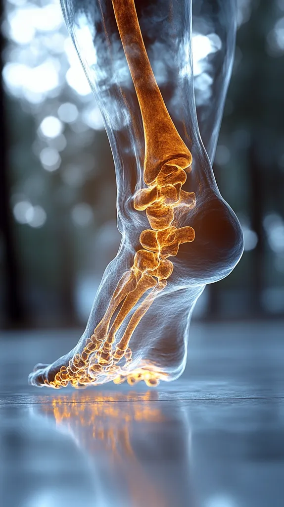 A 3D rendering showcases a translucent human leg and foot, with the skeletal structure highlighted in warm orange tones. The image is sharply focused on the ankle and foot, emphasizing the intricate details of the bones.  The background is blurred, suggesting a shallow depth of field, and the foot appears to be making contact with a reflective surface. The overall effect is both scientific and artistic.