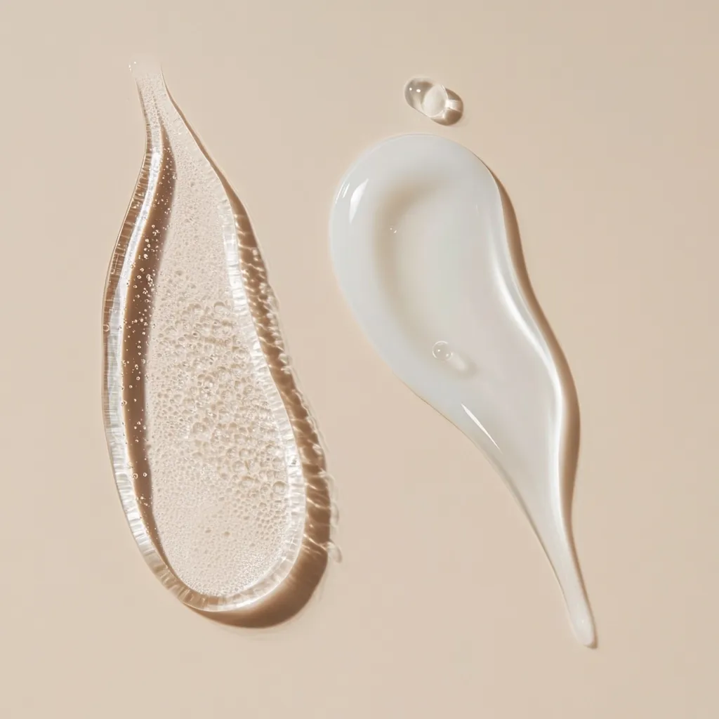 Two swatches of skincare products are displayed against a beige background.  One is a clear gel with visible bubbles, exhibiting a slightly viscous texture. The other is an opaque, creamy white lotion, smoother in appearance.  Both are swiped onto the surface, creating elegant, flowing shapes. The image emphasizes the textures and consistency of the products.