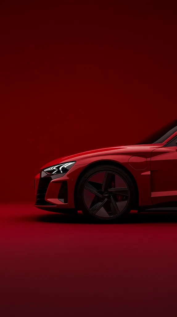 A vibrant red Audi e-tron GT is showcased against a matching crimson backdrop.  The image focuses on the car's front side, highlighting its sleek design, prominent headlights, and stylish black rims. The deep red tones create a dramatic and luxurious feel, emphasizing the car's sophisticated aesthetic.  The minimal setting directs attention solely to the vehicle's elegant form.