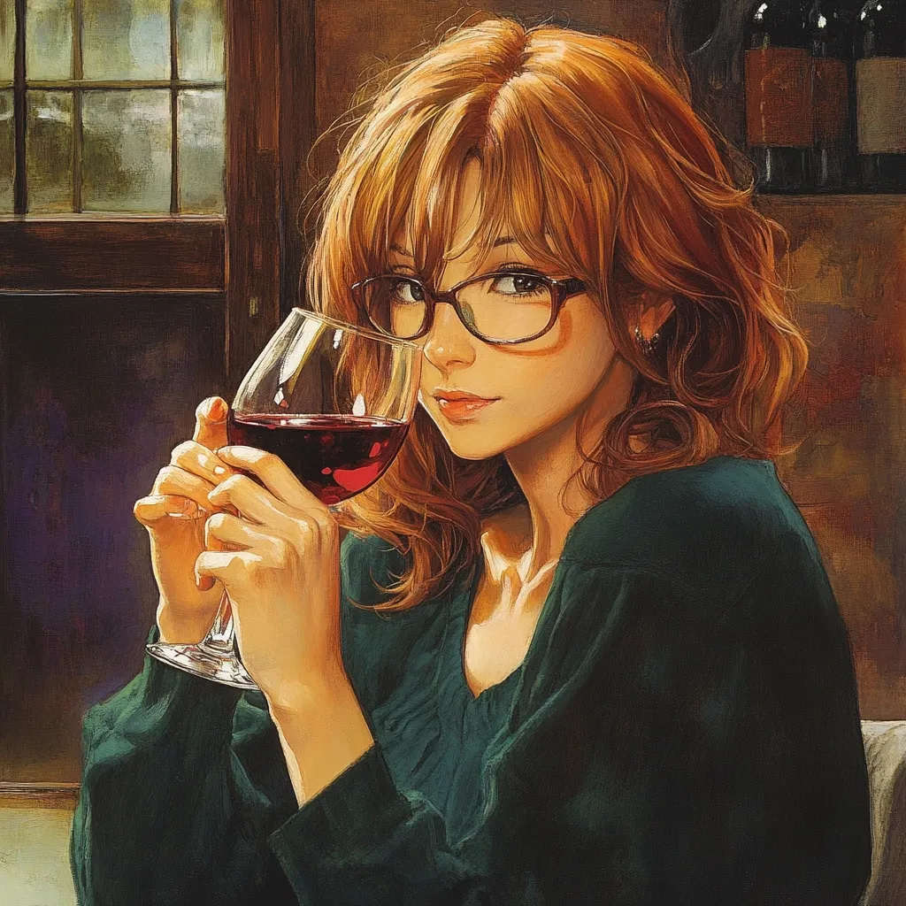 A painting depicts a young woman with reddish-brown, wavy hair wearing glasses and a dark green long-sleeved top. She holds a stemmed glass of red wine, her gaze directed downward toward the beverage.  The setting appears dimly lit, with a window and wine bottles visible in the background, creating a warm, intimate atmosphere. The style is painterly, with visible brushstrokes, giving the image a soft, slightly impressionistic quality.