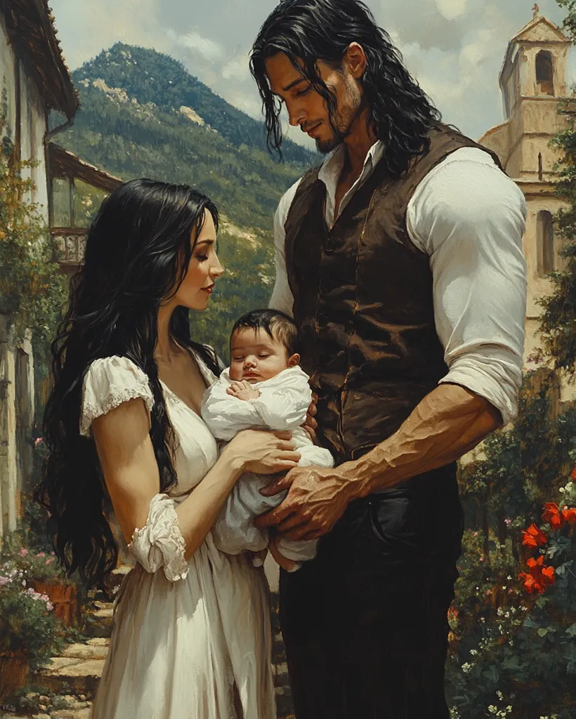 A painting depicts a young family in a picturesque setting. A man with long dark hair, wearing a vest and white shirt, holds his baby, while a woman with long dark hair, in a white dress, lovingly cradles the infant.  They stand in a sunlit alley, a stone building and lush greenery forming the backdrop. The scene exudes warmth, tranquility, and familial love.