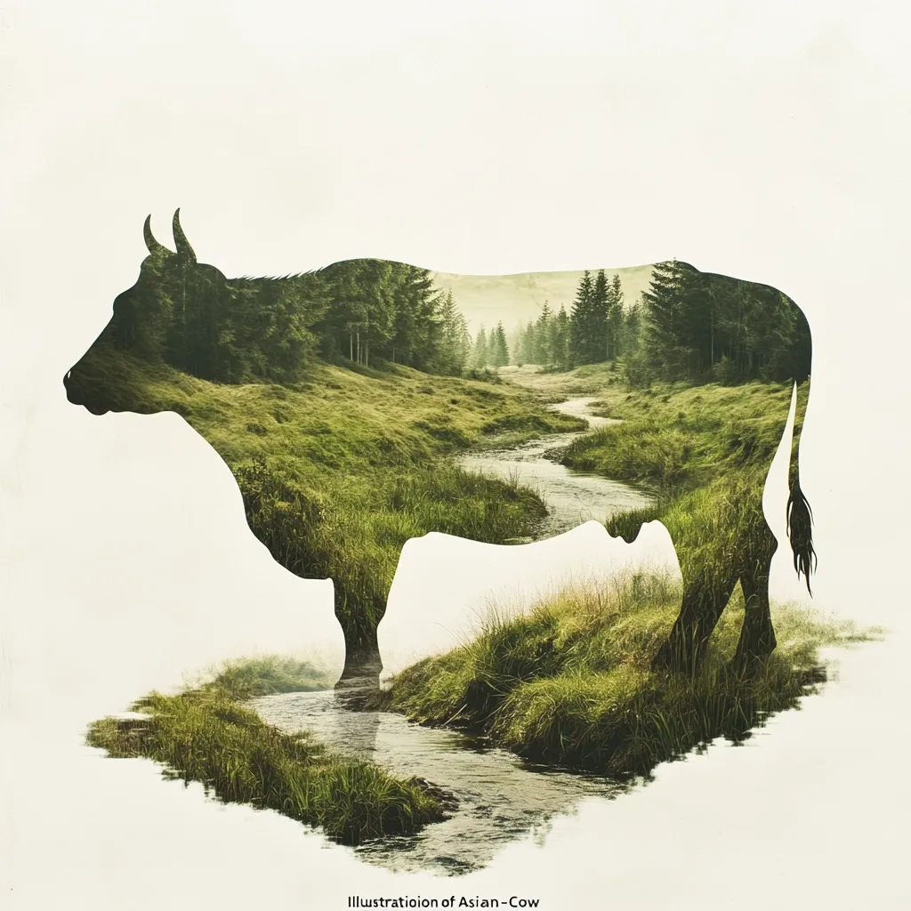 A silhouette of an Asian cow is overlaid with a serene landscape.  A winding stream flows through a lush green valley, nestled amongst a forest of evergreen trees. The image creates a visually striking blend of animal form and natural beauty, suggesting a harmonious connection between livestock and their environment.  The artistic style is reminiscent of nature photography and digital art.