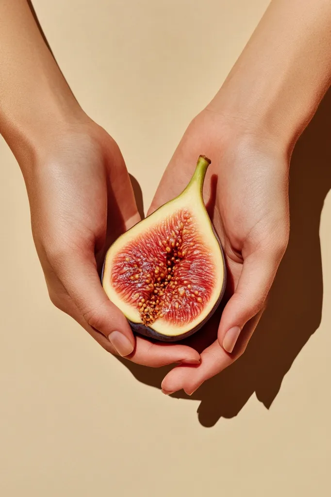 Two hands gently cradle a halved fig, its vibrant red interior speckled with tiny seeds.  The fig's deep purple skin contrasts with the soft, pale beige background.  Sunlight casts a subtle shadow, highlighting the delicate texture of the skin and the juicy flesh within. The image evokes a sense of calm and natural beauty.