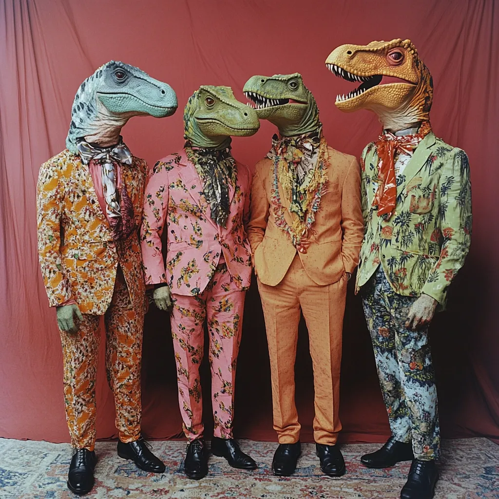 Four individuals in matching patterned suits are pictured against a red backdrop. Each person wears a different colored dinosaur head as a mask. The suits feature vibrant floral designs in varying shades of pink, orange, and green.  The overall style is flamboyant and playful, creating a striking and humorous image.