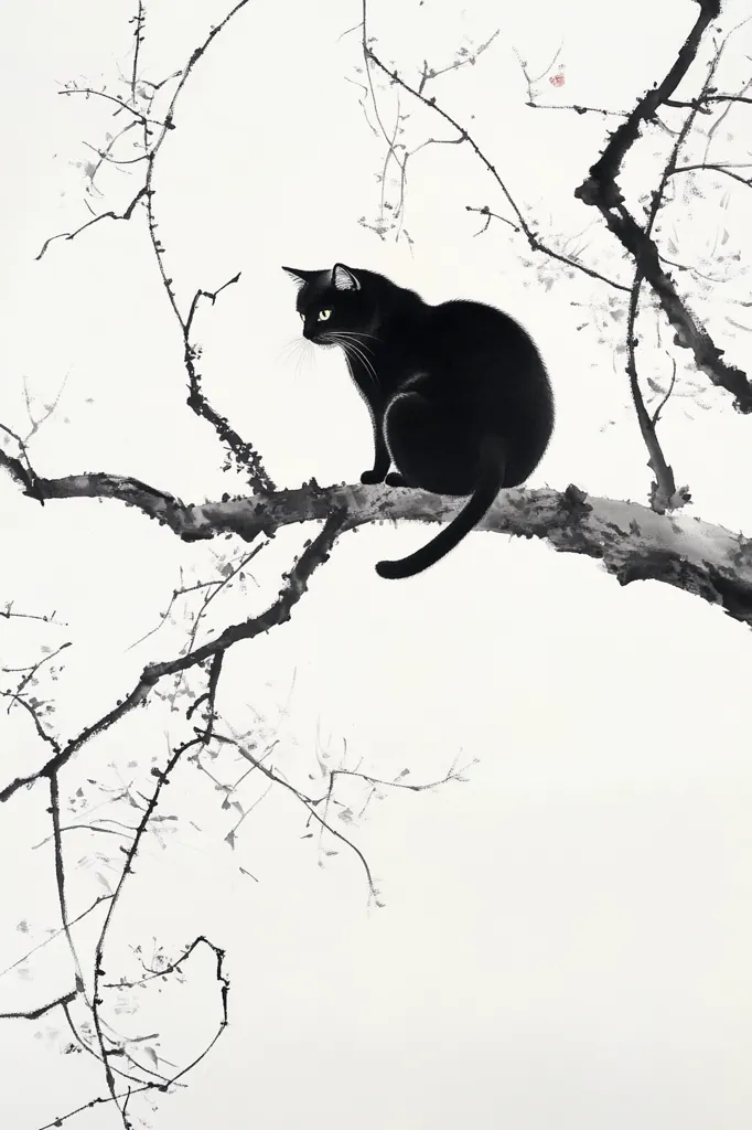 A black cat sits serenely on a branch of a blossoming tree, rendered in a minimalist, ink-wash style. The cat's sleek form contrasts beautifully against the delicate, sparse branches and faint blossoms. The overall impression is one of quiet contemplation and the elegance of nature's simplicity. The artwork evokes a sense of peace and tranquility, capturing a fleeting moment in time.