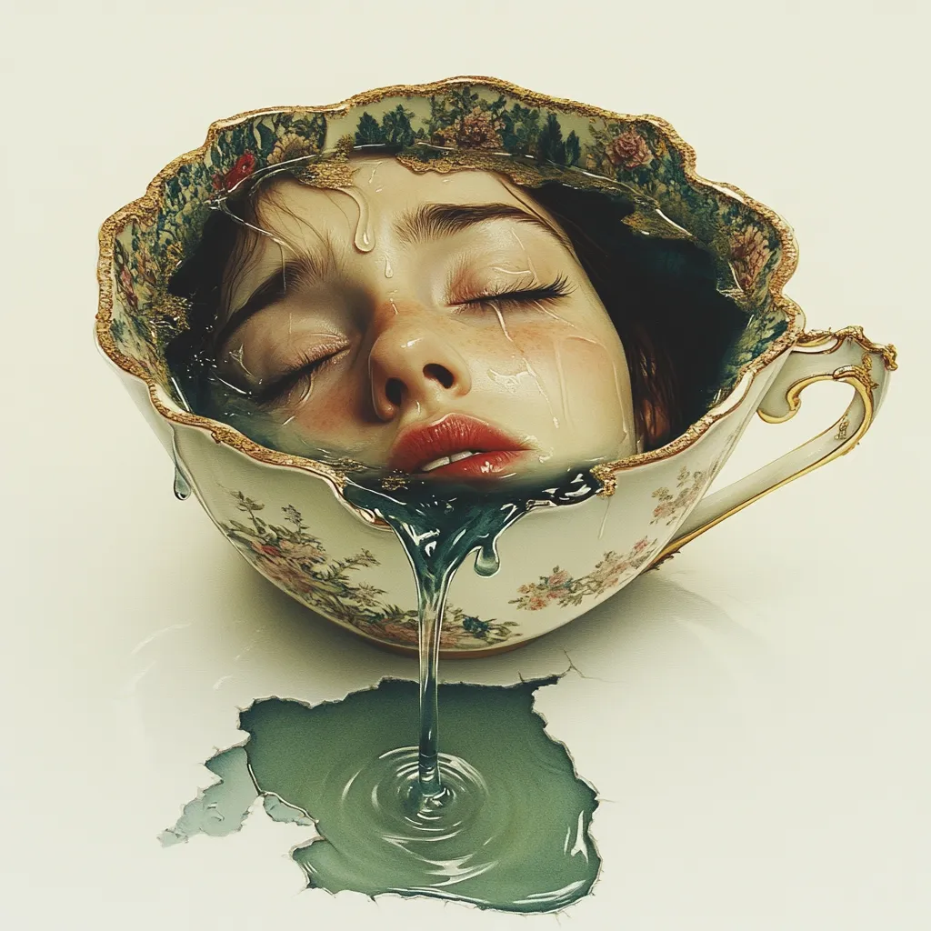 A surreal painting depicts a woman's face submerged in a cracked, ornate teacup overflowing with dark teal liquid.  Her eyes are closed, and water drips from her face and the cup onto a fractured white surface below. The scene is dreamlike and evokes a sense of fragility and melancholic beauty, the juxtaposition of delicate porcelain and the submerged figure creating a powerful visual contrast.