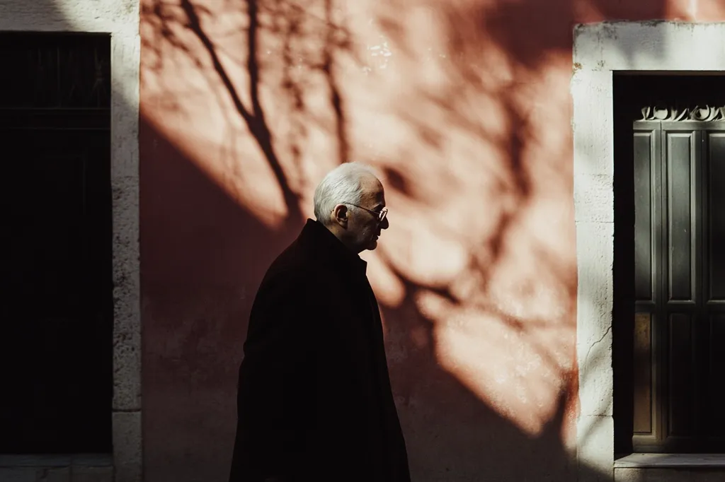 An elderly man with glasses walks past a terracotta-colored wall.  The wall is partially shaded by tree branches casting shadows.  He is dressed in dark clothing, his figure silhouetted against the sunlit wall.  Dark doors flank the man, adding to the somber tone of the image. The scene evokes a sense of quiet contemplation and solitude.