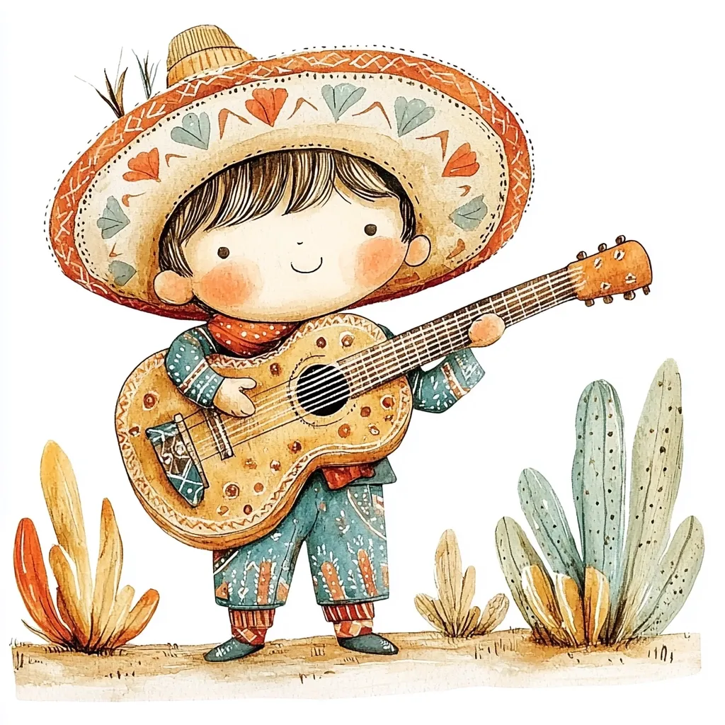 A charming watercolor illustration depicts a young boy, dressed in a vibrant sombrero and traditional Mexican attire, joyfully playing a guitar.  His rosy cheeks and cheerful expression radiate happiness.  The background features simple desert plants, enhancing the overall whimsical and festive atmosphere. The artwork's style is sweet and playful, capturing the spirit of Mexican culture.