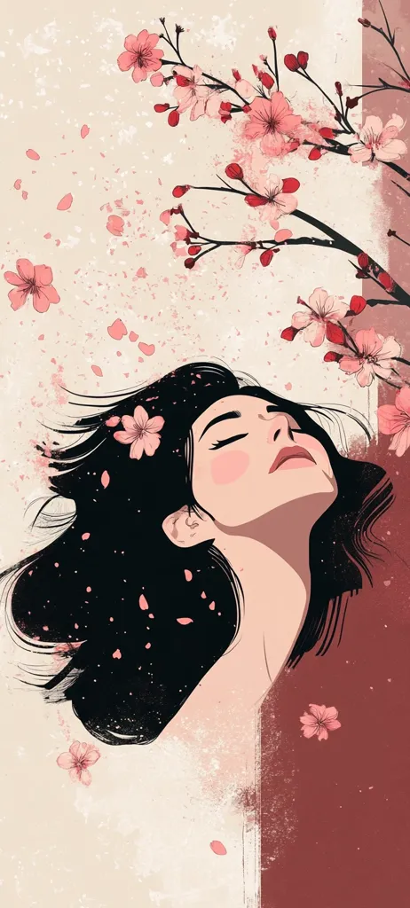 A stylized illustration depicts a woman with long, black hair, eyes closed, and head tilted back.  Pink cherry blossoms fall around her, creating a serene and slightly ethereal atmosphere. The art style is minimalist, with soft color palettes and textured backgrounds, emphasizing a sense of peace and tranquility.  The overall aesthetic is delicate and feminine.