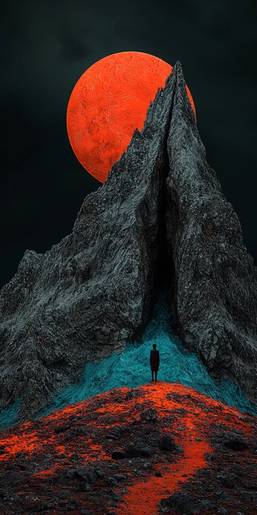 A lone figure stands silhouetted against a dramatic landscape.  A massive, dark mountain, bisected by a deep chasm, dominates the foreground.  A vibrant, textured orange moon hangs large in the night sky.  The mountain base is colored in patches of teal and fiery orange, creating a surreal and otherworldly atmosphere.