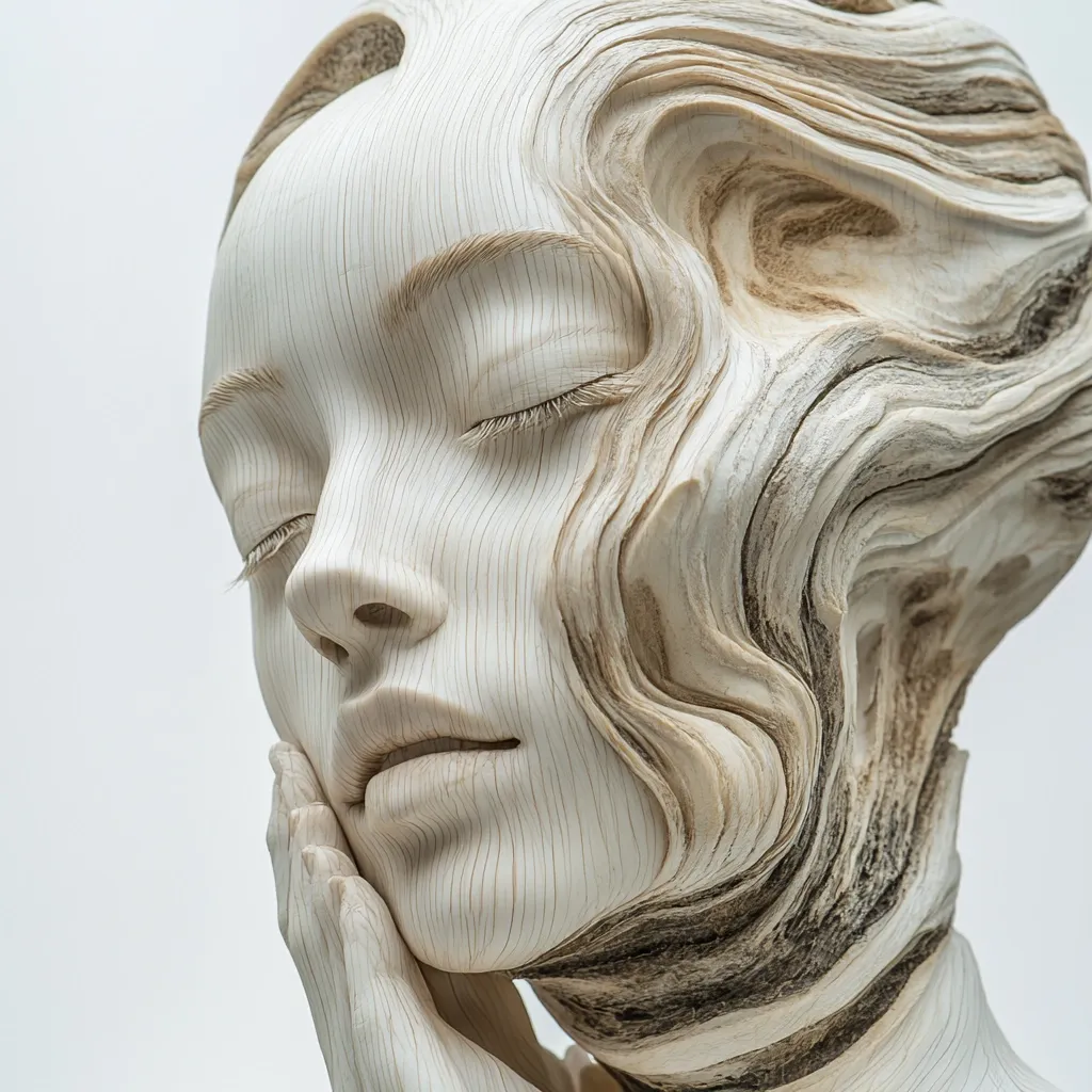 A meticulously carved wooden sculpture depicts a serene woman's face.  Her eyes are closed, and her hands gently rest on her cheek. The wood grain is intricately woven into the flowing hair and features, creating a striking contrast between smooth skin and textured wood. The piece evokes a sense of tranquility and the beauty of natural materials.