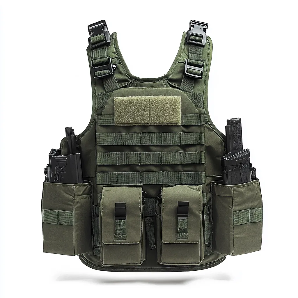 A tactical vest, olive green in color, is shown against a white background.  It features MOLLE webbing across the front, multiple pouches for magazines and other gear, and a name tape area.  Black straps and buckles secure the vest.  Two magazines are visible in pouches on the sides.  The vest is designed for carrying tactical equipment and weapons.