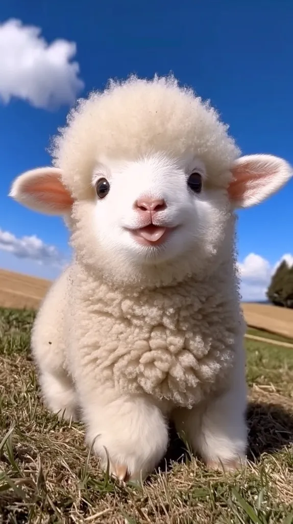 An adorable fluffy lamb with a charmingly innocent expression sits in a grassy field under a bright blue sky.  Its thick, creamy white fleece contrasts beautifully with the vibrant green grass. The lamb's large, dark eyes and slightly open mouth convey a sense of gentle curiosity and happiness.  The overall image is one of pure sweetness and pastoral charm.