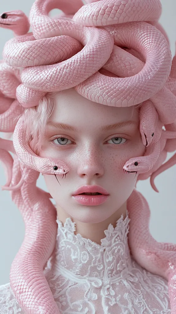 A woman with pale skin and pink hair is adorned with a crown and necklace of pale pink snakes.  Her delicate features are framed by the serpentine coils, which rest gently on her shoulders and cheeks. She wears a white lace high-necked top, creating a contrast between the soft, ethereal look and the subtly menacing imagery of the snakes.  The overall effect is surreal and captivating.