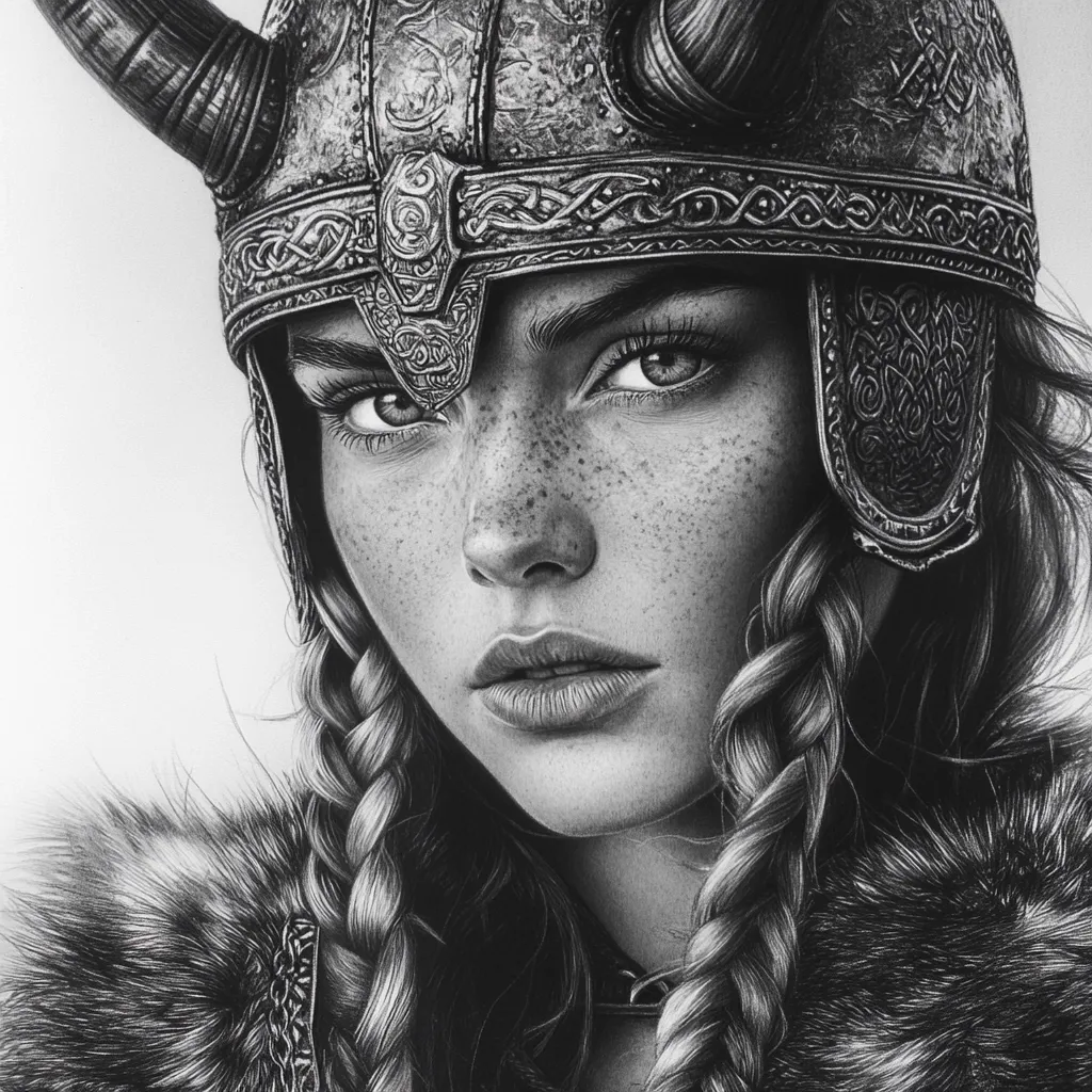 A black and white drawing depicts a young woman with freckles, wearing a horned Viking helmet intricately detailed with Celtic knotwork.  Her long hair is styled in two thick braids, framing a serious expression.  She is clad in a fur-lined garment, suggesting a warrior or shieldmaiden. The detailed shading and texture create a realistic and powerful portrait.