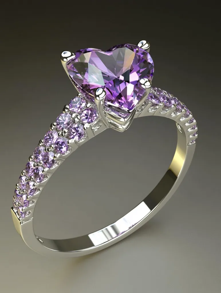 A stunning heart-shaped amethyst ring is showcased.  The amethyst is large and vibrant purple, set in a polished white metal band.  Smaller amethyst stones encircle the band, adding sparkle and complementing the main stone. The ring's design is elegant and romantic, ideal for a special occasion or as a symbol of love.