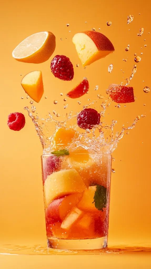 A refreshing fruit-infused drink is captured in a vibrant image.  Pieces of peach, lemon, and raspberries are dramatically splashing into a glass filled with a similar concoction. The bright orange background accentuates the colorful fruit and the lively water droplets.  Mint leaves add a touch of freshness to the scene, creating a visually appealing and summery beverage.