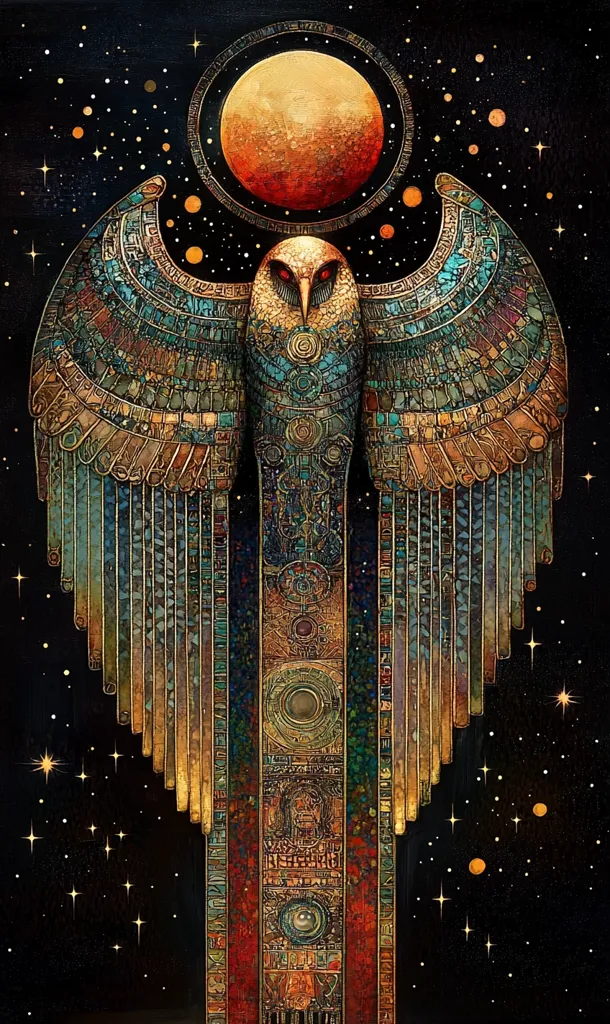 An ornate, stylized owl, reminiscent of ancient Egyptian art, is depicted against a dark, starry backdrop.  The owl's wings are intricately detailed with hieroglyphic-like patterns and rich jewel tones. A large, orange celestial body dominates the upper portion of the image, surrounded by smaller orbs, creating a mystical and cosmic atmosphere. The overall style is a blend of ancient symbolism and fantasy art.