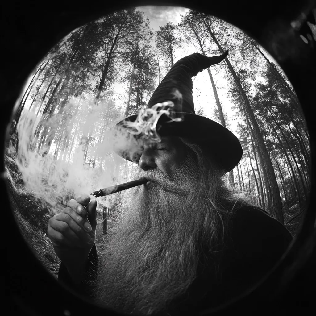 A black and white fisheye image shows a wizard-like figure with a long white beard, wearing a pointed hat. He is smoking a cigar, and smoke curls around his face. The setting appears to be a forest, with tall trees visible in the background. The image has a mystical and slightly surreal quality.