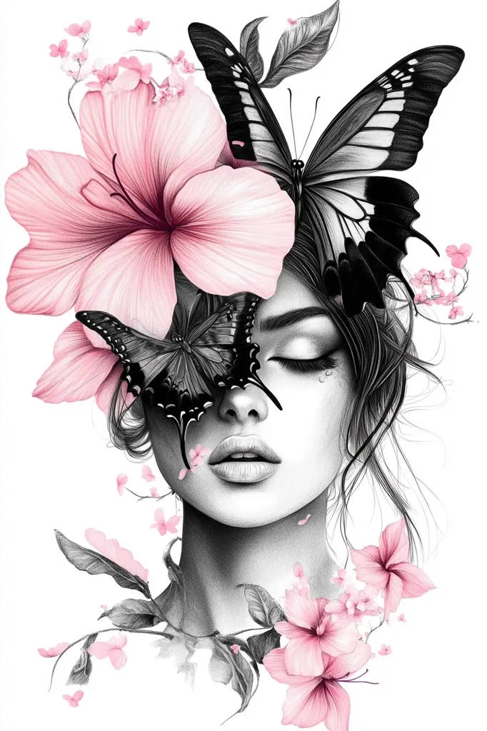 A grayscale portrait of a woman, her eyes closed serenely.  Delicate pink hibiscus flowers and black butterflies adorn her face and hair, creating a surreal and ethereal atmosphere. The drawing showcases intricate detail in both the woman's features and the botanical elements, conveying a sense of peaceful beauty and natural elegance.  Small pink blossoms scatter around her, adding to the overall romantic mood.