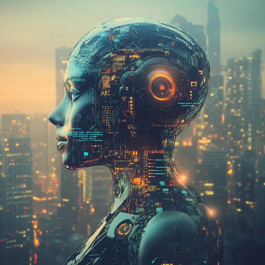 A digital rendering depicts a female android's profile against a futuristic cityscape backdrop.  The android's head and shoulders are translucent, revealing intricate internal circuitry glowing with warm and cool light.  The city lights twinkle in the distance, creating a dramatic contrast with the android's metallic form, suggesting a technologically advanced and potentially dystopian future.