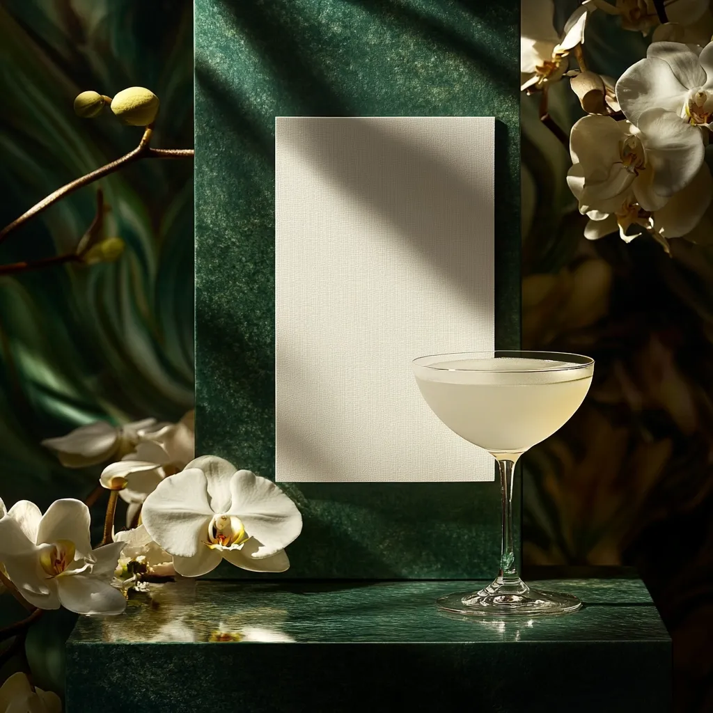 A cocktail sits on a dark green surface, beside a blank card.  White orchids and a branch with buds are artfully arranged in the foreground.  The background features a green textured wall, dappled with sunlight, and more orchids. The overall mood is sophisticated and serene, evoking a sense of calm luxury.