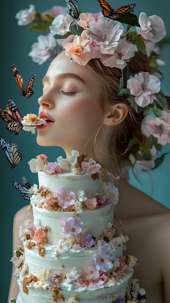 A young woman with a floral crown adorned with butterflies delicately eats a piece of a multi-tiered cake. The cake is lavishly decorated with edible flowers, mirroring the crown's floral design. The scene is ethereal and dreamlike, with soft lighting and a muted teal backdrop.  The overall aesthetic is romantic and whimsical.