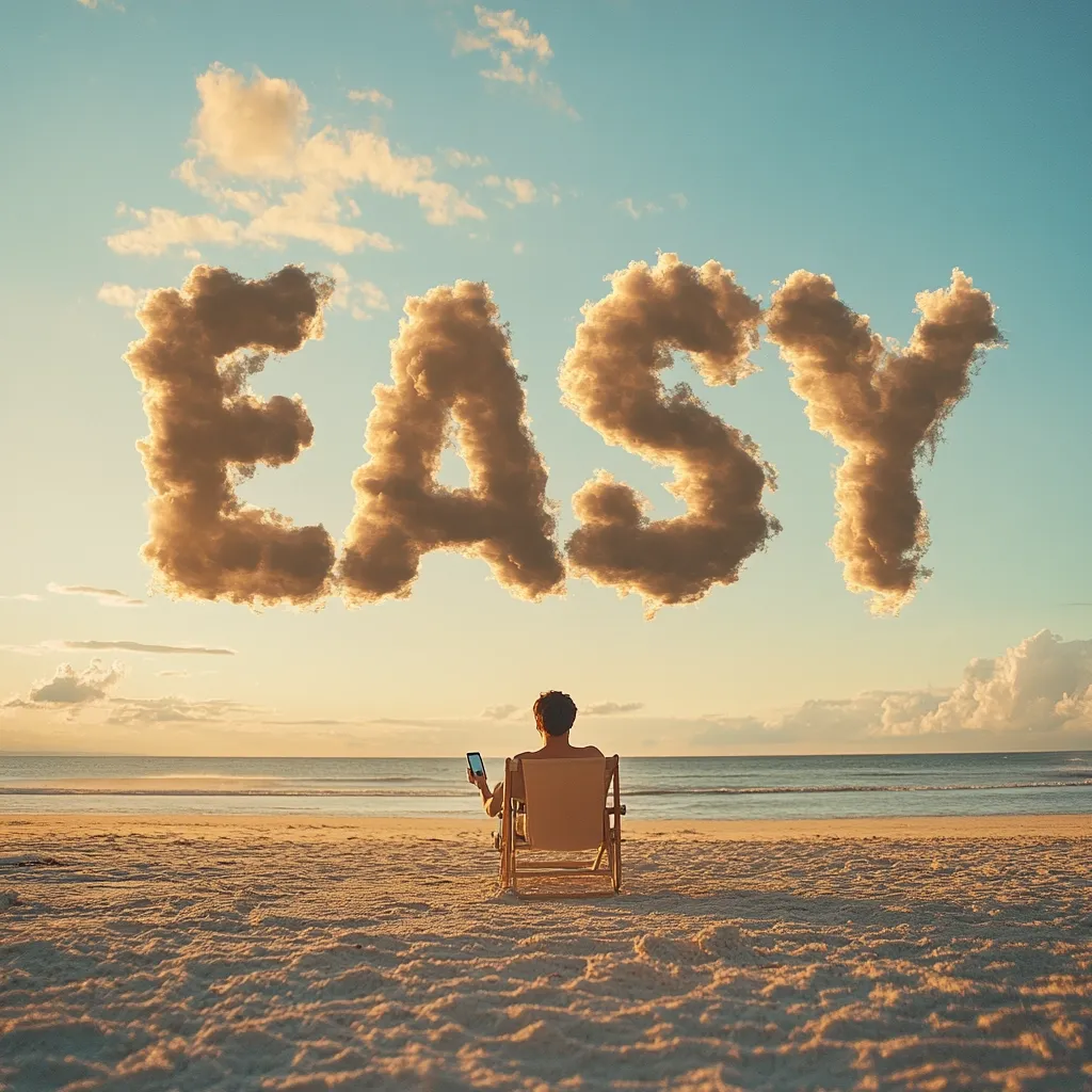 A person relaxes in a beach chair on a sandy shore, gazing at a tranquil ocean under a sunset sky.  Above, fluffy clouds are artfully arranged to spell the word "EASY," creating a serene and idyllic scene suggesting a relaxed and carefree lifestyle.  The individual holds a smartphone, further emphasizing the ease and comfort of the moment.
