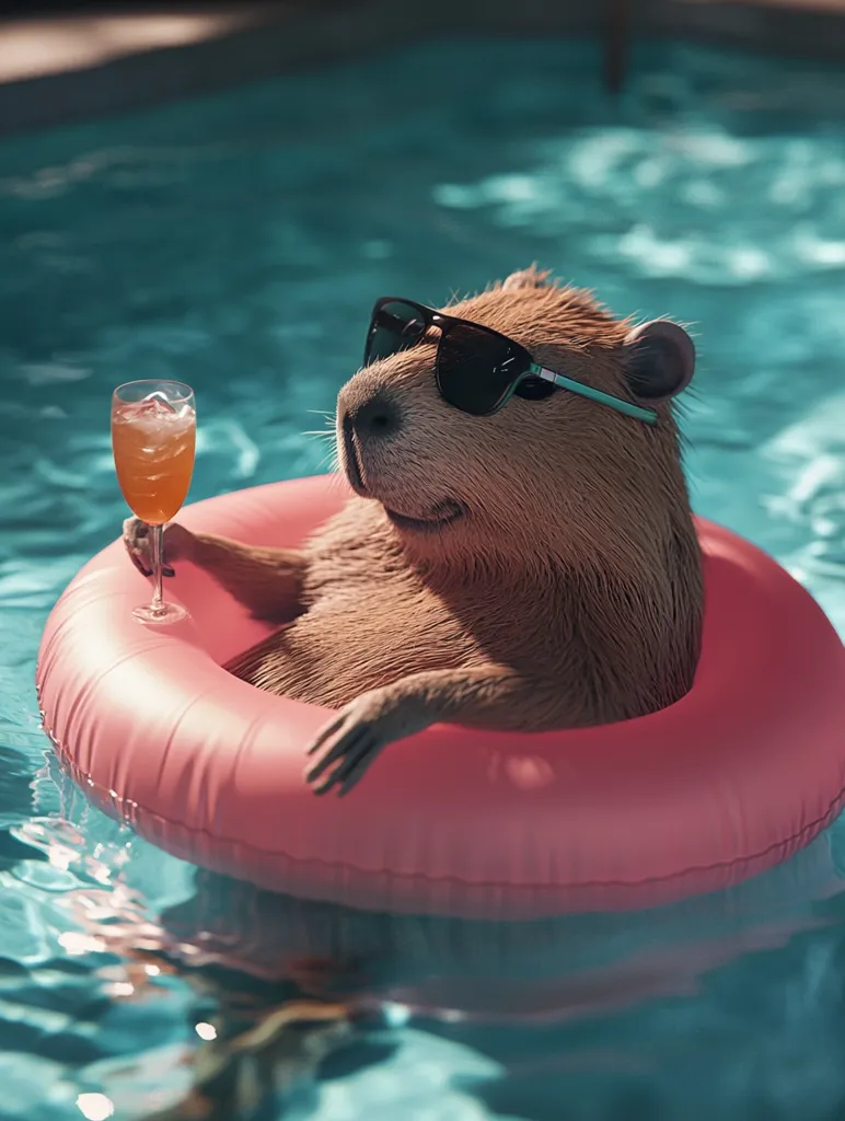 A capybara, wearing sunglasses, relaxes in a pink inflatable ring in a swimming pool.  It casually holds a glass of amber liquid. The scene is idyllic and sunny, showcasing the capybara's relaxed and contented demeanor in a humorous and charming way.  The water is clear and turquoise.