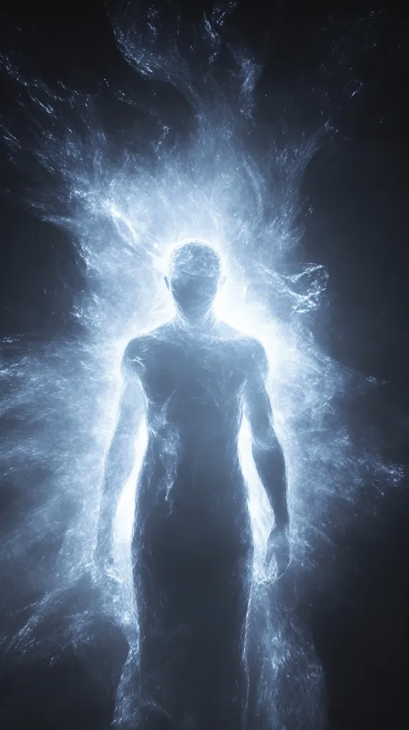 A digital rendering depicts a human-like figure enveloped in a radiant, ethereal glow.  The figure's form is partially obscured by luminous, flowing energy that resembles water or light particles. The overall effect is one of otherworldly transcendence, suggesting spiritual energy or transformation.  The dark background contrasts sharply with the bright, ethereal emanation surrounding the figure.