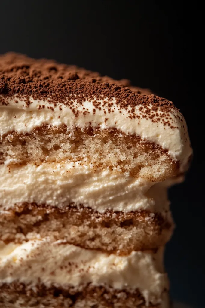 A close-up shot reveals a delectable slice of tiramisu.  Layers of light, creamy mascarpone are interspersed with delicate, coffee-soaked ladyfingers.  The top is generously dusted with cocoa powder, enhancing the rich, inviting aroma. The texture appears incredibly soft and fluffy, promising a delightful indulgence.  The dark background accentuates the dessert's creamy tones.