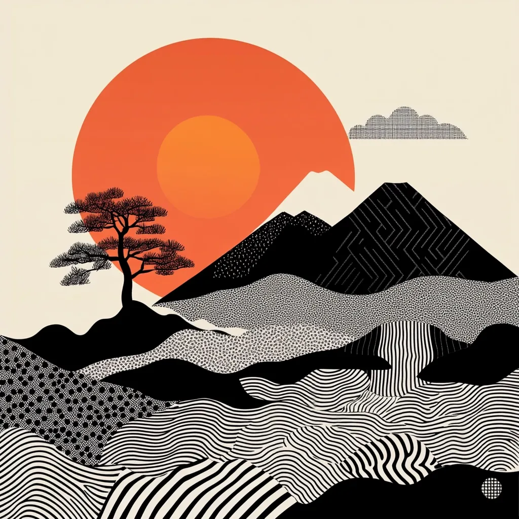 A stylized landscape features a large orange sun setting behind black and white patterned mountains.  A lone silhouetted pine tree sits on a small hill in the foreground.  The mountains are textured with various geometric patterns, including dots, lines, and mazes, creating a visually striking contrast against the simple sun and tree.  A small cloud is visible in the upper right corner. The overall style is minimalist and graphic.