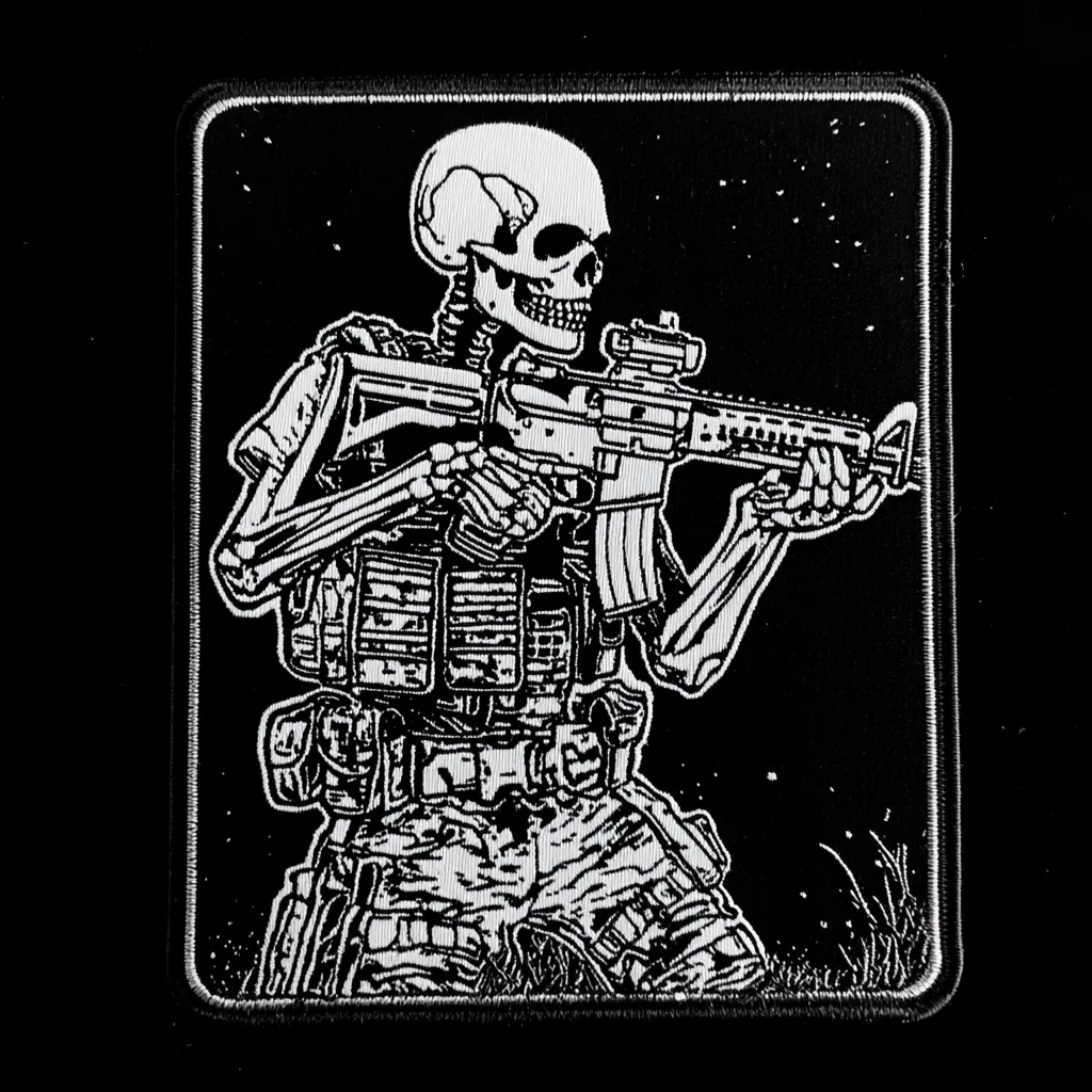 A black and white embroidered patch depicts a skeleton soldier aiming an assault rifle.  The soldier is fully equipped with tactical gear, including a vest and pouches.  The stark contrast of the white image against the black background creates a striking, high-contrast effect.  The style is reminiscent of a military or tactical patch, possibly for clothing or equipment.