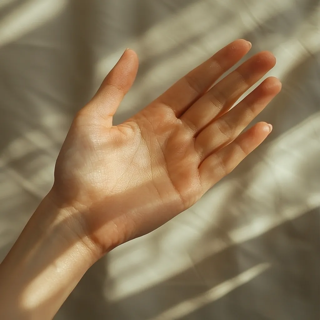 A fair-skinned hand is outstretched against a light beige fabric backdrop.  Sunlight streams through unseen window panes, casting delicate shadows across the hand and fabric. The image is soft and warm, emphasizing the texture of the skin and the gentle play of light and shadow.  The overall feeling is one of serenity and calm.