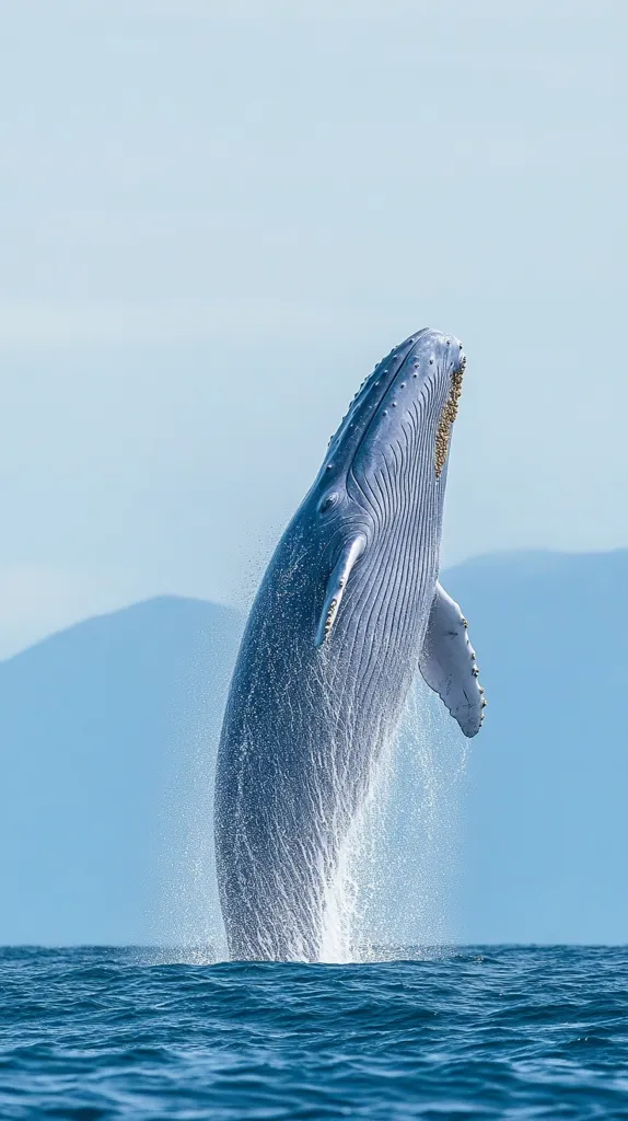 A humpback whale breaches from the ocean, its massive body arcing gracefully against a clear blue sky and distant mountains.  Water sprays from its powerful movements as it ascends, then begins its descent back into the depths.  The whale's skin is a mottled grey, showing intricate patterns.  The scene is tranquil and awe-inspiring, showcasing the majestic power and beauty of this marine mammal.