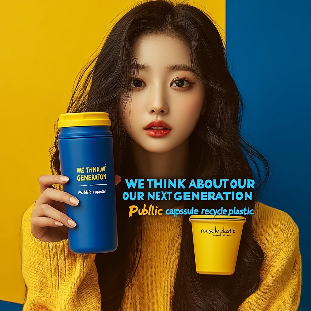 A young woman with long, dark hair holds a blue Public capsule reusable cup. The cup features the text "We think about our next generation."  She's wearing a yellow sweater against a yellow and blue background.  A smaller, yellow recycle plastic cup is also shown, highlighting the brand's commitment to sustainability. The overall image promotes environmentally conscious product choices.