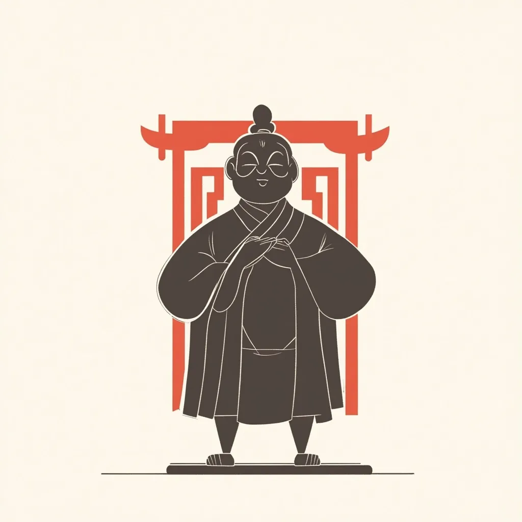 A stylized illustration depicts a serene figure, possibly a monk or scholar, standing before a traditional Asian gate.  The figure is depicted in dark silhouette, wearing a long robe and holding hands in a gesture of prayer or respect.  The gate is rendered in a contrasting reddish-orange hue.  The overall style is minimalist and suggestive of East Asian art and culture.