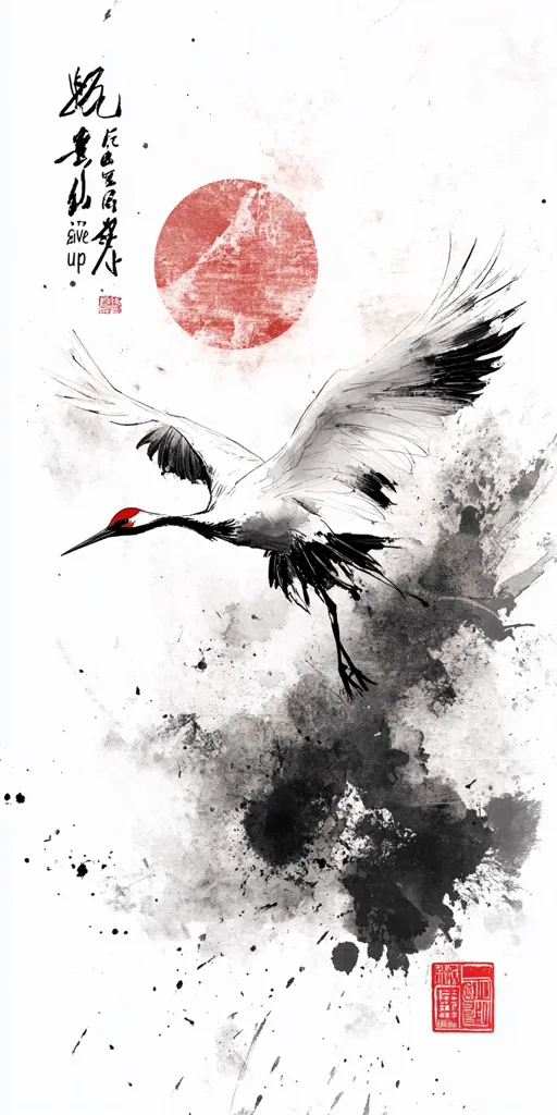 A red sun and a graceful crane in flight dominate this East Asian-inspired ink wash painting.  The crane, rendered in shades of gray and black, is depicted with powerful wings outstretched against a backdrop of dramatic black ink splatters and splashes, suggesting movement and energy.  Chinese characters are included, along with a red seal, adding to the artwork's cultural significance. The overall effect is one of serene power and minimalist beauty.