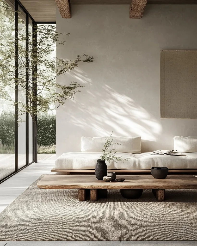 A minimalist living space features a low, wooden coffee table centered on a neutral rug.  A white platform daybed sits against a textured wall, bathed in sunlight streaming through large windows showcasing a tranquil garden.  Simple, earthy tones and natural materials create a serene and calming atmosphere.  Small, dark vases and bowls add subtle decorative accents. The overall style evokes a sense of peace and tranquility.