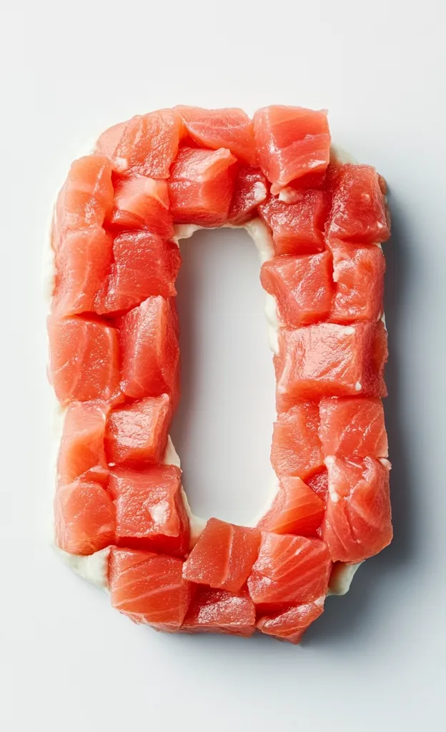 A close-up overhead shot shows diced pieces of raw salmon arranged to form the number zero. The salmon pieces are a vibrant pinkish-red and are neatly arranged on a white background.  There is a small amount of white cream or sauce visible between the salmon cubes. The image is clean and well-lit, emphasizing the texture and color of the fish.