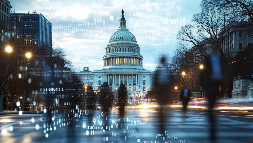 The U.S. Capitol building in Washington, D.C., is shown at twilight, with a digital overlay of binary code.  Blurred figures of people walking along a street in front of the building are visible, with light trails from passing cars adding to the dynamic scene. The image evokes themes of technology, government, and the digital age's impact on politics.