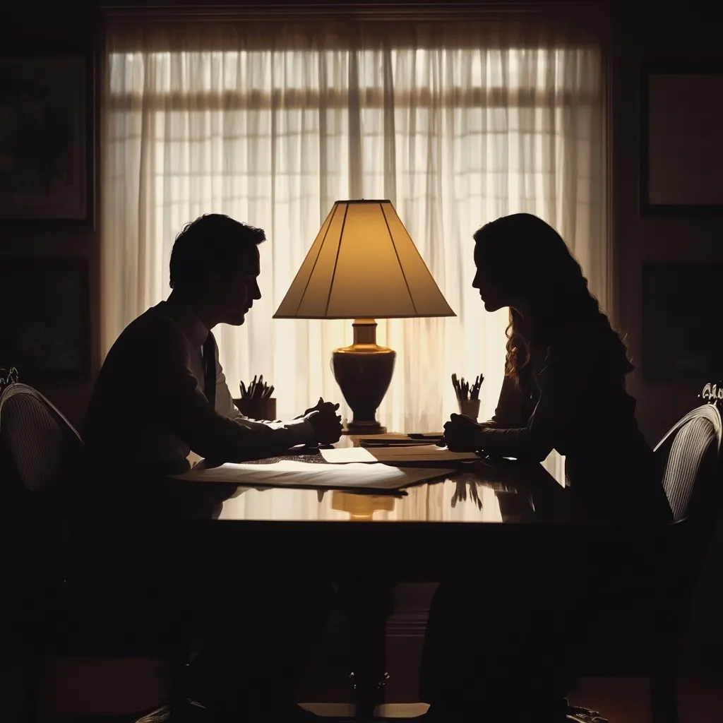 Silhouetted figures of a man and woman sit opposite each other at a dark wooden table, illuminated by a warm lamp.  They are deeply engaged in conversation, their hands clasped, suggesting a serious discussion. The dimly lit room, with sheer curtains behind them, adds to the intimate and somewhat mysterious atmosphere. The image evokes a sense of secrecy and intense emotion.