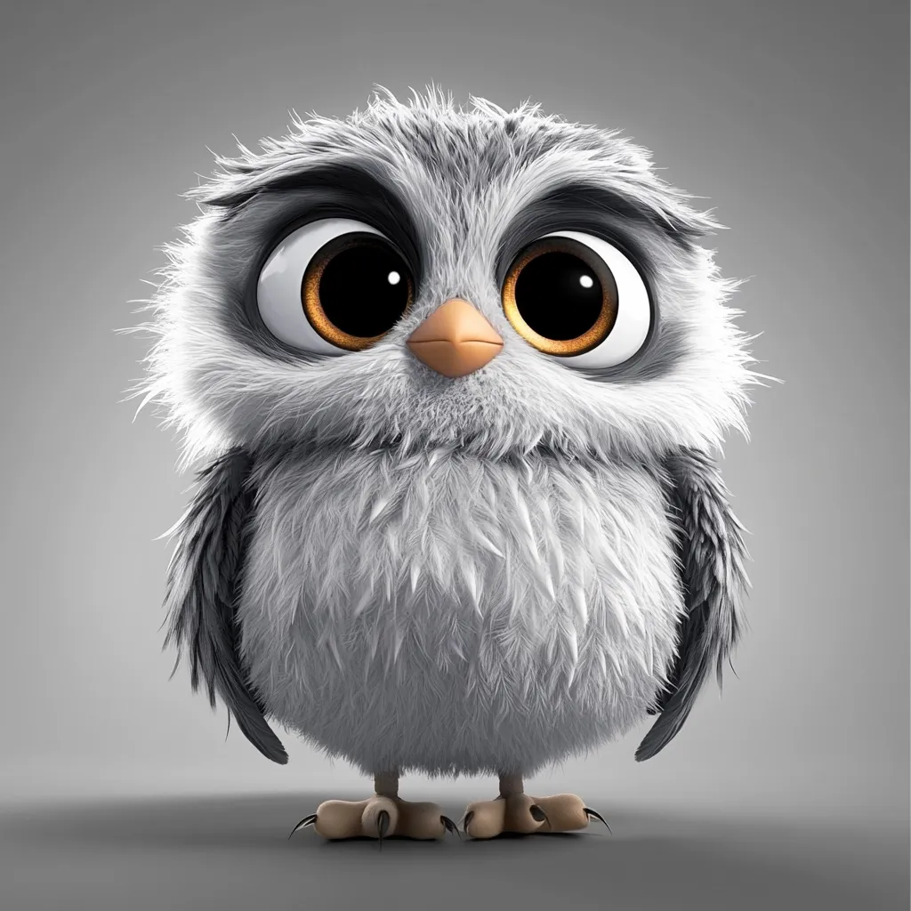 A fluffy, gray owl-like creature with large, expressive eyes stares directly at the viewer.  Its orange beak and sharp claws are visible.  The rendering style is digitally animated, giving it a soft, plush appearance.  The background is a neutral gray. The creature appears friendly and adorable.
